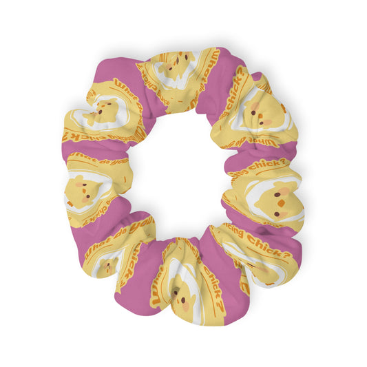 “What do you call a dancing chick? Poultry in Motion” Scrunchie – Funny Dance Pun Hair Accessory with Cute Dancing Chicken Graphic