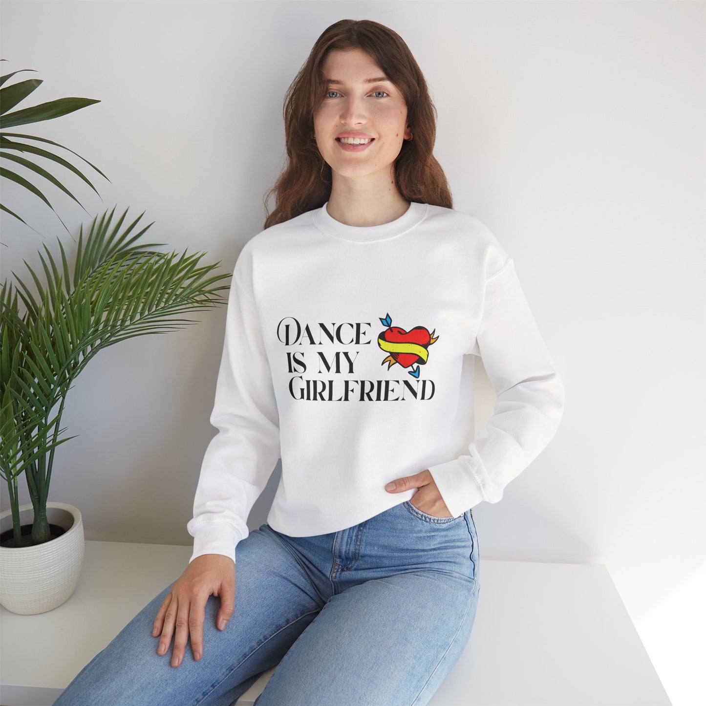 "Dance Is My Girlfriend" Unisex Crewneck Sweatshirt – Cute Heart Tattoo Graphic Dance Lover Pullover