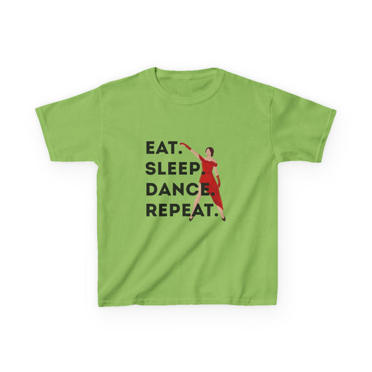 "Eat Sleep Dance Repeat” Youth Short Sleeve Tee – Bold Dancer Graphic Dance Shirt for Kids and Young Performers
