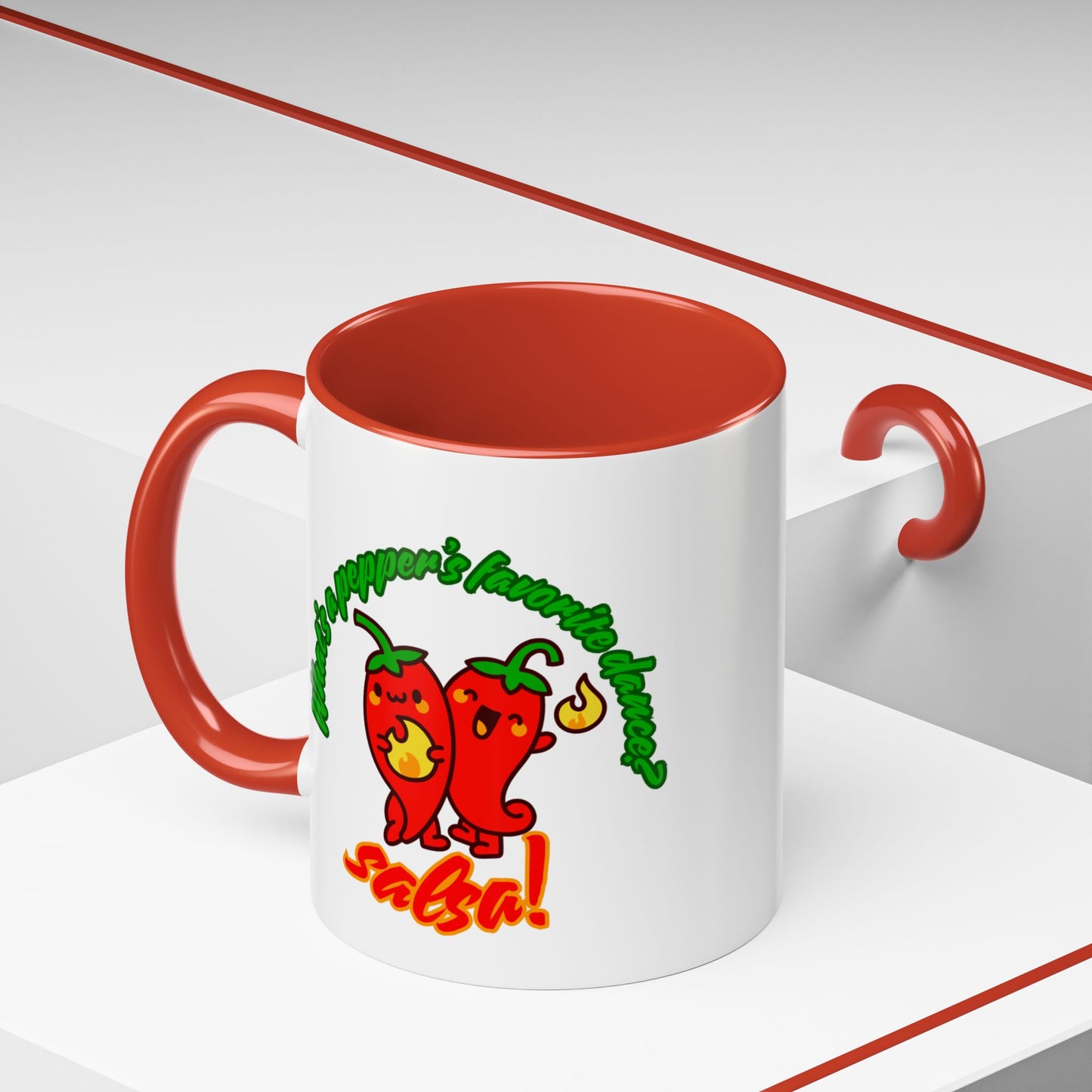 "What's a Pepper's Favorite Dance? Salsa." Accent Coffee Mug – Funny Dance Pun Ceramic Mug for Dancers and Food Lovers