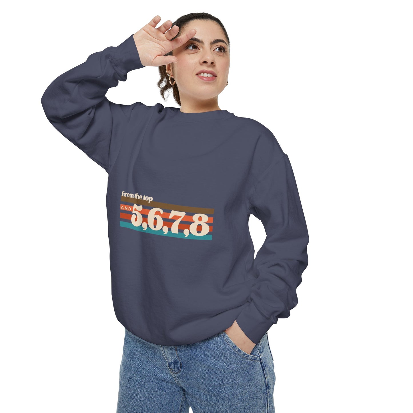"From the Top and 5 6 7 8" Unisex Lightweight Crewneck Sweatshirt – Retro Dance Graphic Pullover for Dancers & Choreographers