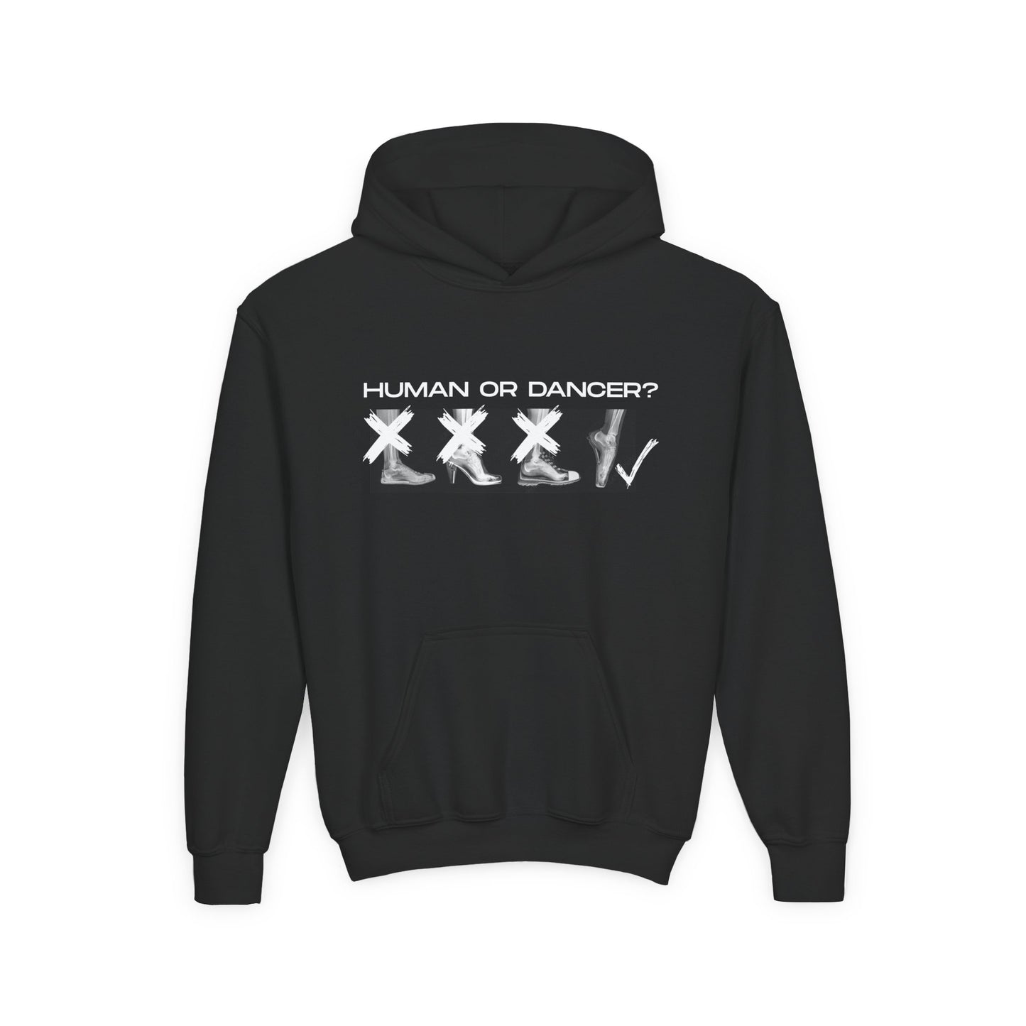 “Human or Dancer” Unisex Youth Hoodie with Cute X-Ray Ballet Feet Graphic – Personalized Dance Hoodie for Kids & Teens, Custom Name or Studio Option