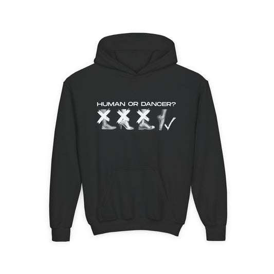 “Human or Dancer” Unisex Youth Hoodie with Cute X-Ray Ballet Feet Graphic – Personalized Dance Hoodie for Kids & Teens, Custom Name or Studio Option