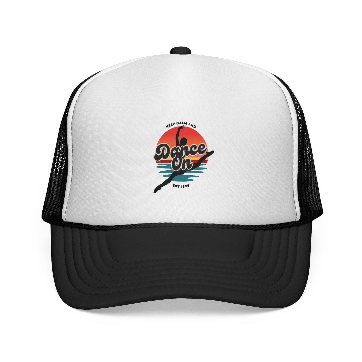 "Keep Calm and Dance On" Trucker Hat – Retro Dancer Graphic Unisex Cap for Dance Lovers | Fun Dance-Themed Hat for Everyday Style & Gifts