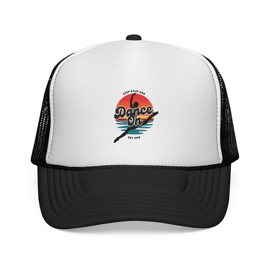"Keep Calm and Dance On" Trucker Hat – Retro Dancer Graphic Unisex Cap for Dance Lovers | Fun Dance-Themed Hat for Everyday Style & Gifts