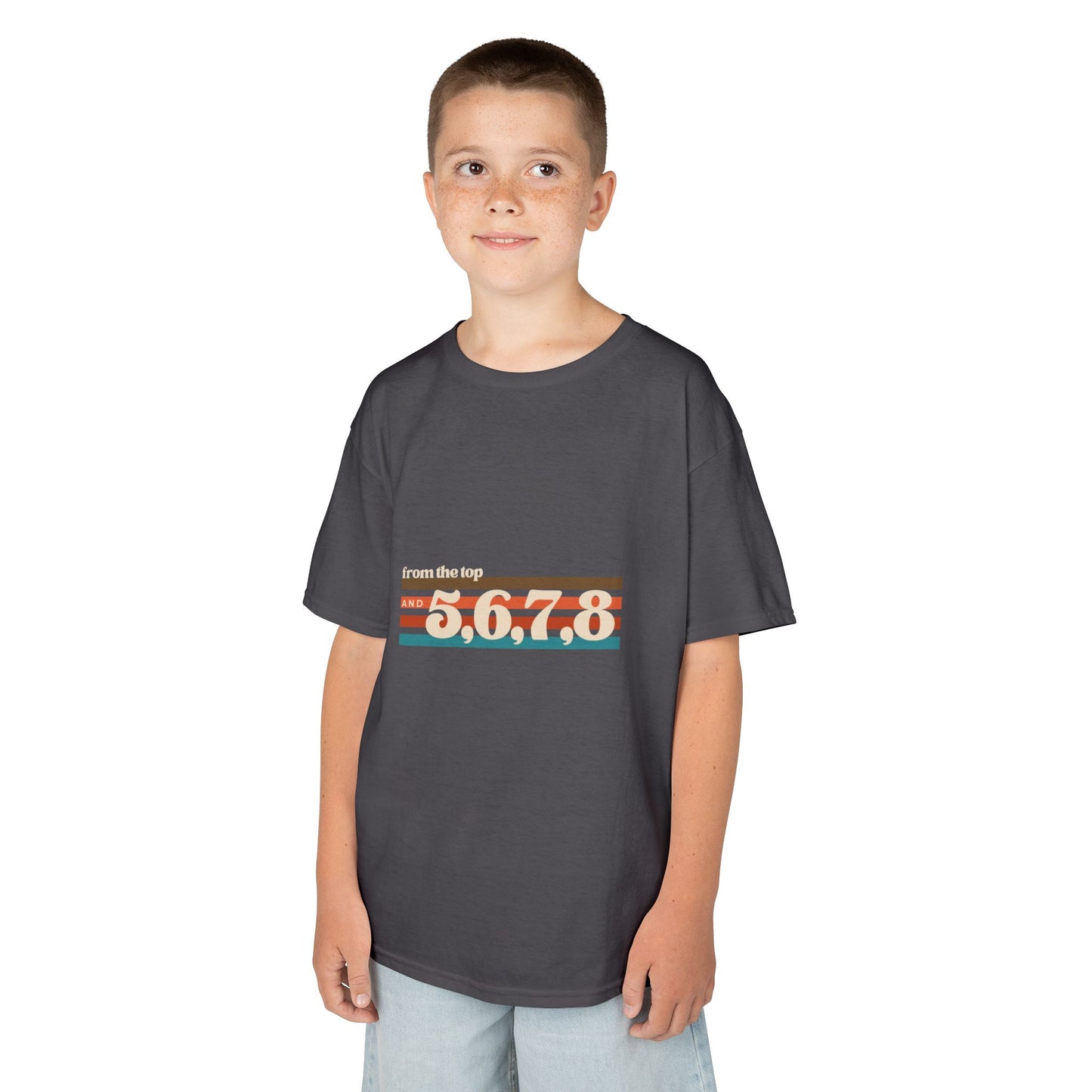 “From the Top and 5, 6, 7, 8” Youth Short Sleeve Tee – Retro Graphic Dance Shirt for Kids and Young Performers