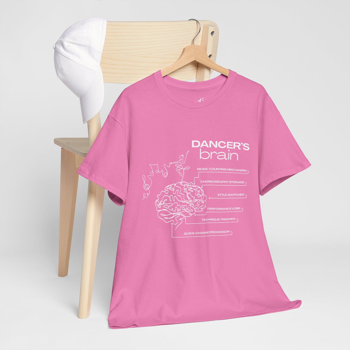 “Dancer’s Brain” Funny Dance Anatomy T-Shirt – Unisex Heavy Cotton Tee with Cute Dancer Brain Diagram and Optional Back Personalization