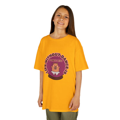 "Life Without Dance Is Pointeless" Youth Dance T-Shirt – Cute Capybara Ballerina Graphic Tee for Kids