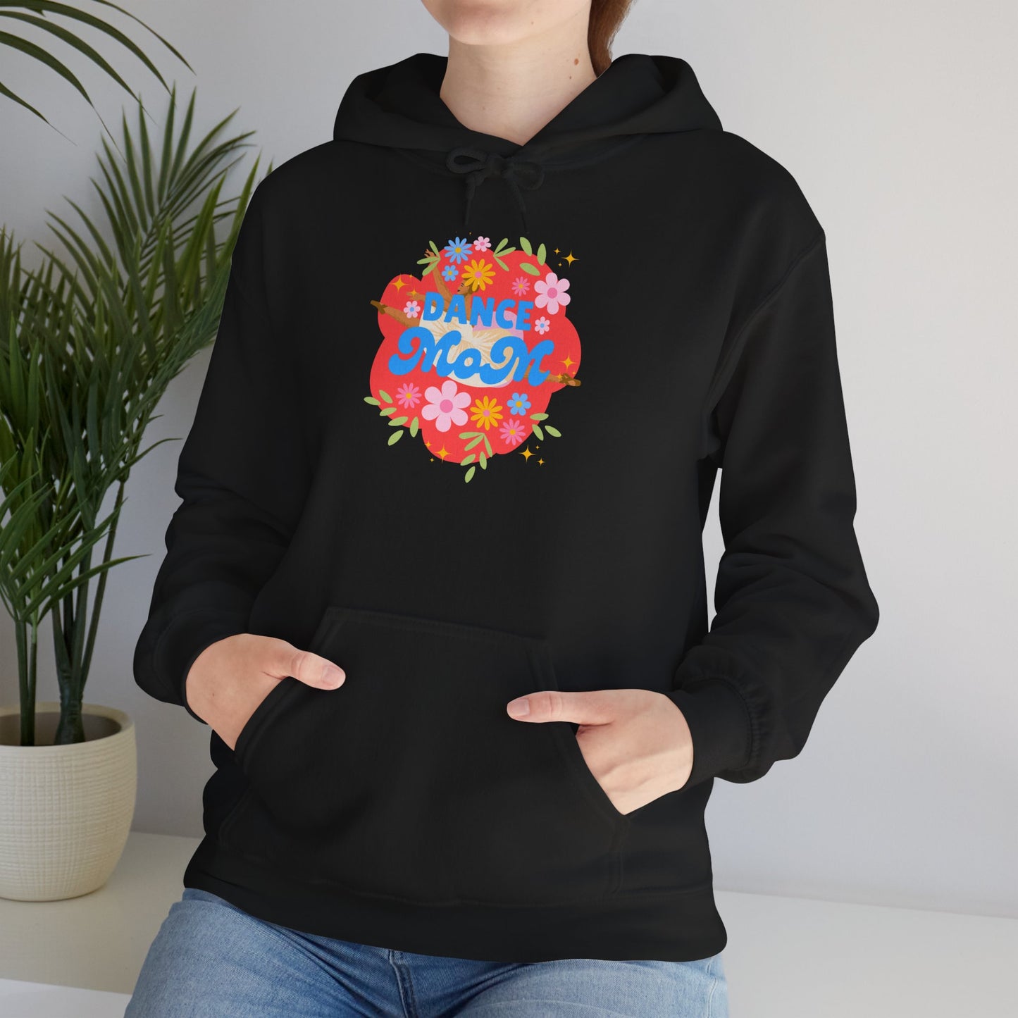 "Dance Mom" Superhero Hoodie – Floral Front Graphic & Fun Back Design | Unisex Hooded Sweatshirt for Proud Dance Parents