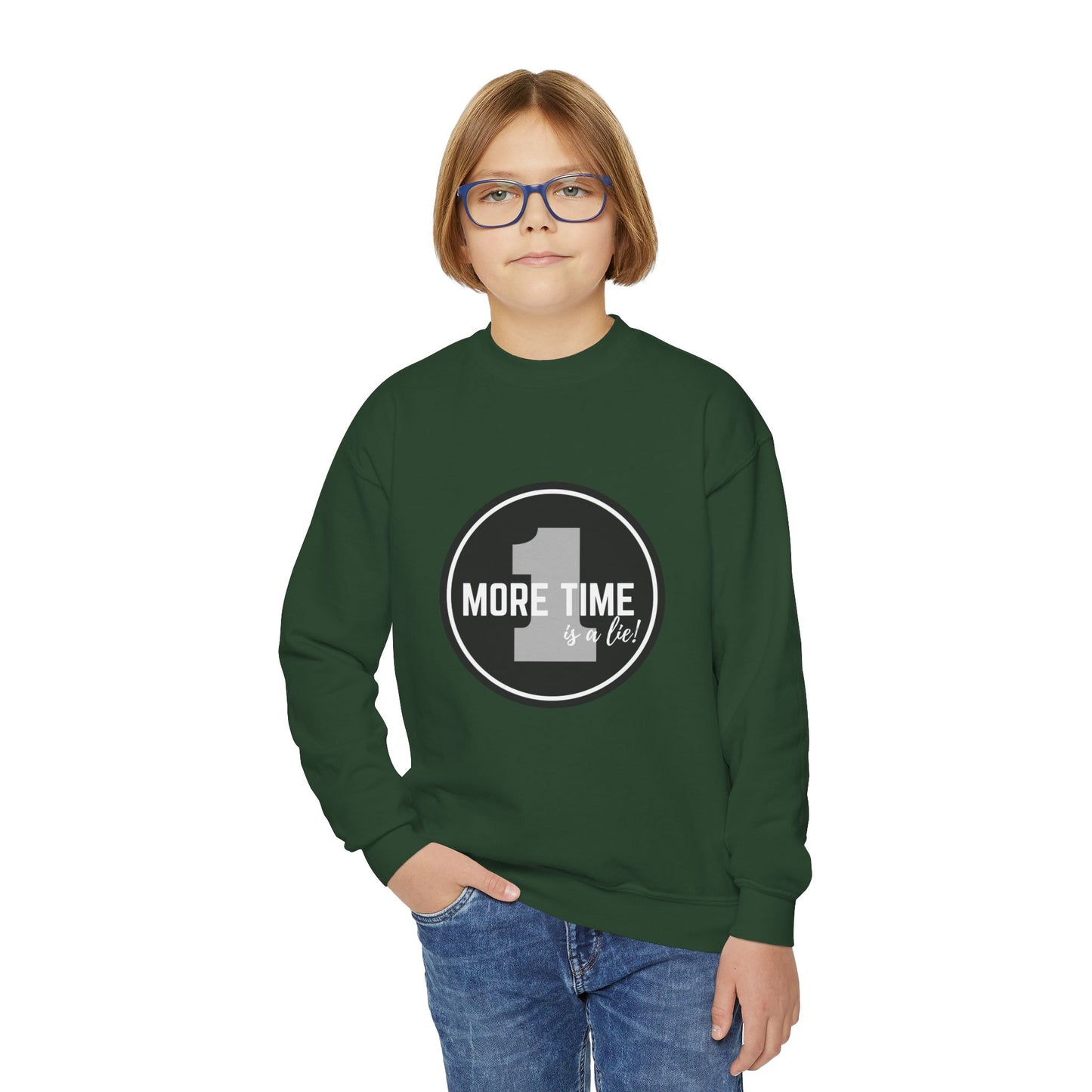 "One More Time Is a Lie" – Bold Dance Quote Youth Crewneck Sweatshirt | Funny Rehearsal Kids Pullover
