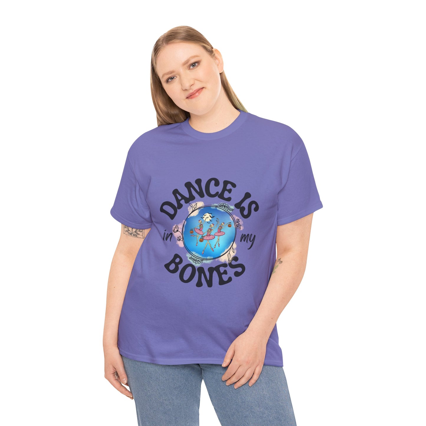 “Dance Is in My Bones” Halloween Dance T-Shirt with Dancing Skeletons Graphic - Unisex Heavy Cotton Tee
