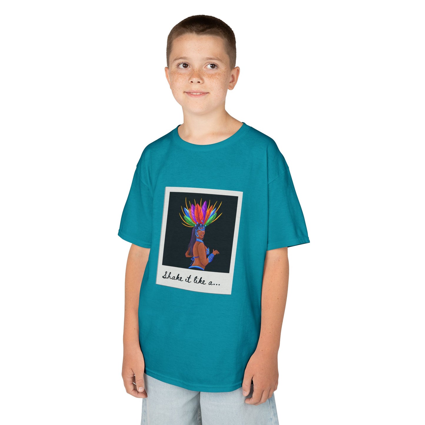 "Shake It Like a..." Youth Short Sleeve Tee – Carnival-Inspired Samba Dancer Graphic Dance Shirt for Kids