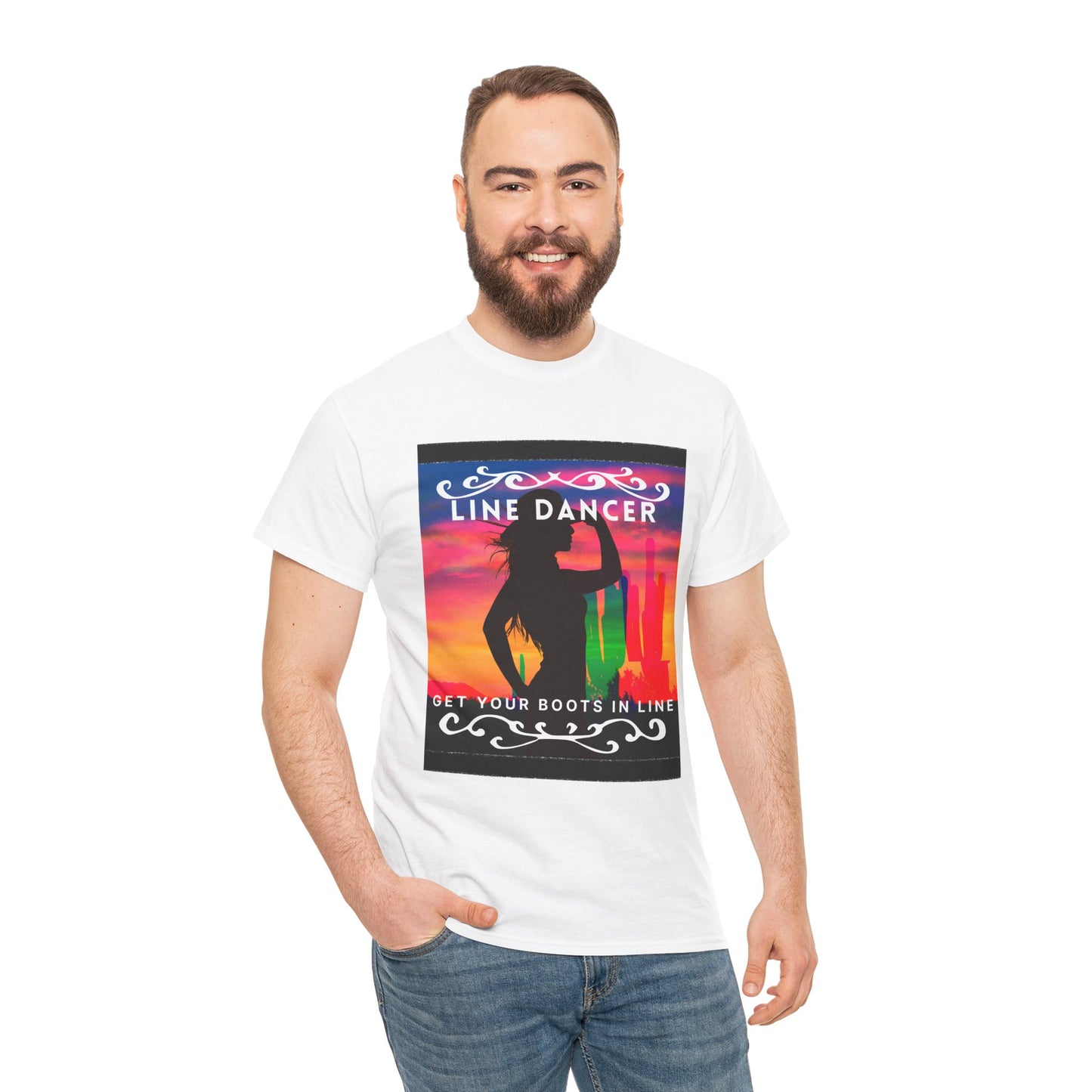 "Line Dancer" Unisex Heavy Cotton T-Shirt – Western Country Dance Graphic Tee – 'Get Your Boots in Line' Cowboy-Inspired Shirt