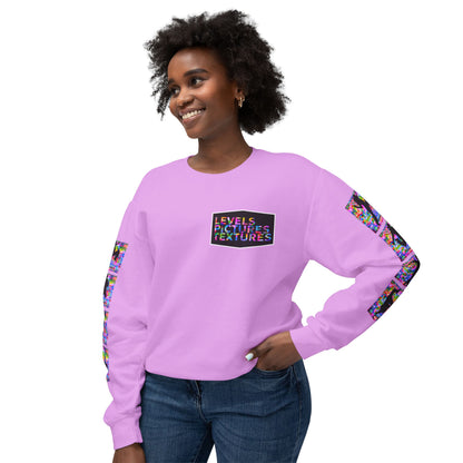Levels Premium Collection Dance Crewneck Sweatshirt – Vibrant Unisex Streetwear Pullover with "Levels Pictures Textures" Front Text and Dancer Silhouettes on Sleeves