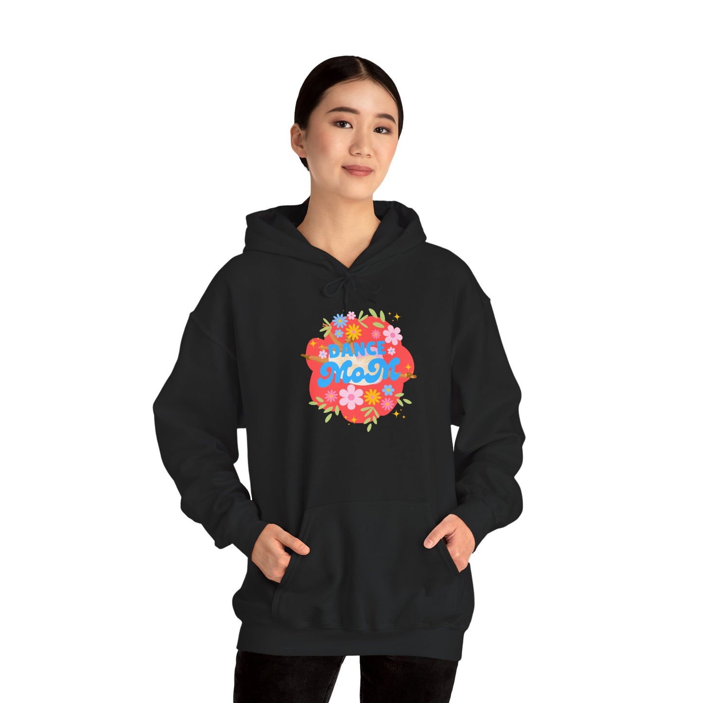 "Dance Mom" Superhero Hoodie – Floral Front Graphic & Fun Back Design | Unisex Hooded Sweatshirt for Proud Dance Parents