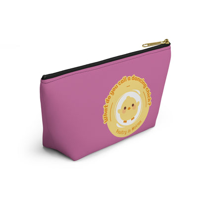 "What do you call a dancing chick? Poultry in Motion." Makeup Bag – Funny Dancing Chick Pun with Cute Chicken Graphic – Dance-Themed Zipper Pouch for Cosmetics, Accessories & Gifts