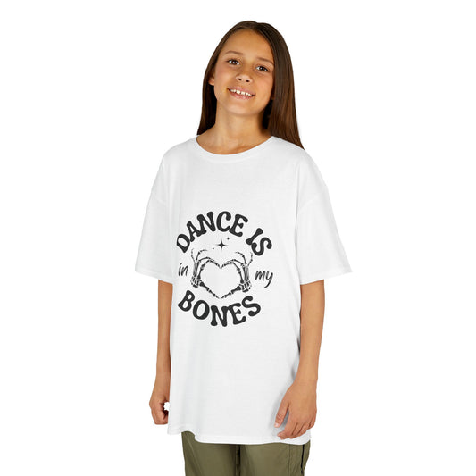 “Dance Is in My Bones” Halloween Dance T-Shirt with Cute Skeleton Heart Graphic - Kids Heavy Cotton™ Tee