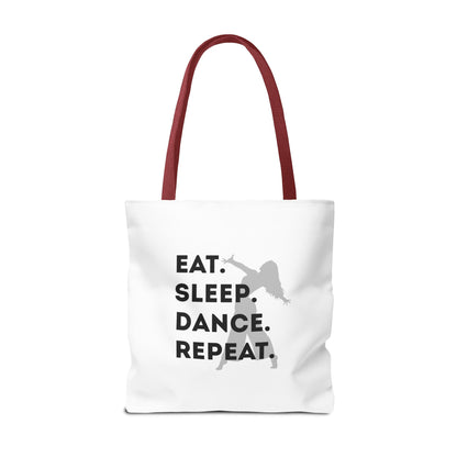 "Eat Sleep Dance Repeat" Canvas Tote Bag – Gray Dancer Silhouette Dance-Themed Reusable Shoulder Bag for Dancers, Studio, or Everyday Use