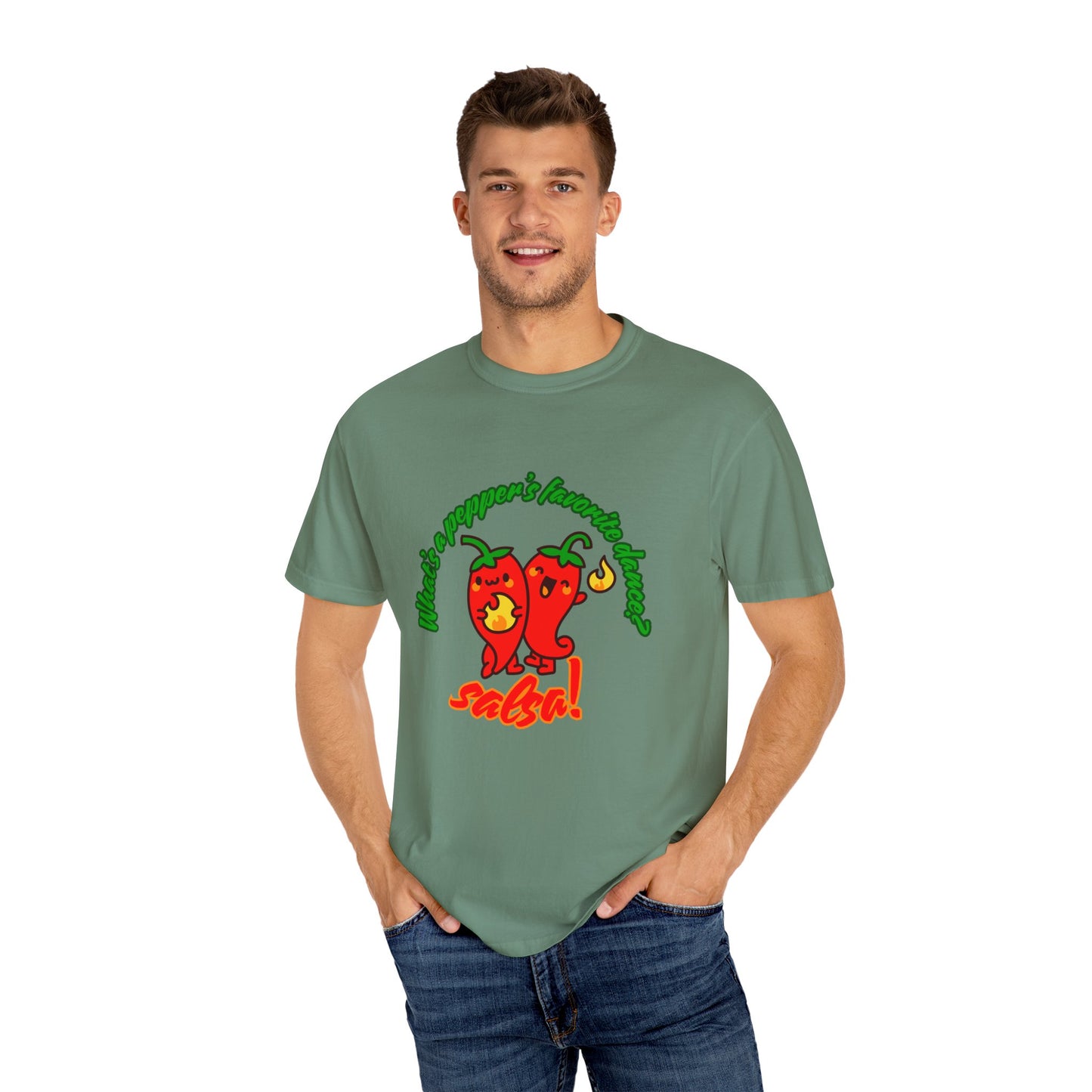 "What's a Pepper's Favorite Dance? Salsa!" Dance Pun Unisex Garment-Dyed T-Shirt – Funny Dance Joke Tee with Cute Pepper Graphic – Dance Humor Shirt for Food & Pun Lovers
