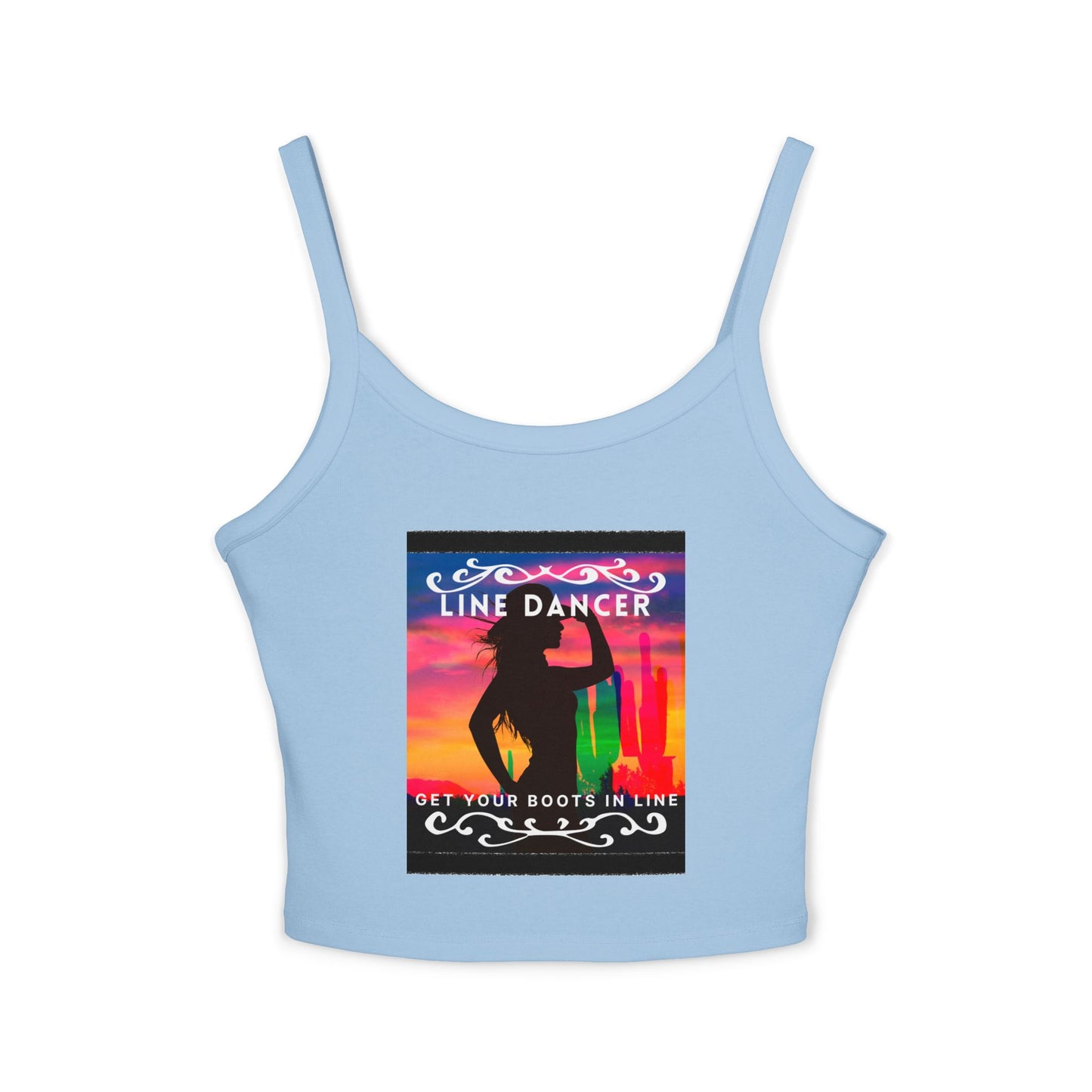 "Line Dancer" Spaghetti Strap Tank Top – Western-Inspired Country Dance Graphic – 'Get Your Boots in Line' Women's Dance Tank