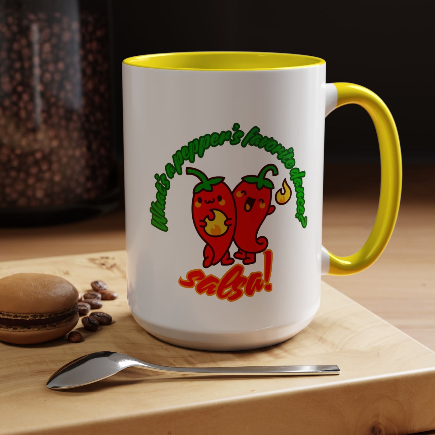 "What's a Pepper's Favorite Dance? Salsa." Accent Coffee Mug – Funny Dance Pun Ceramic Mug for Dancers and Food Lovers