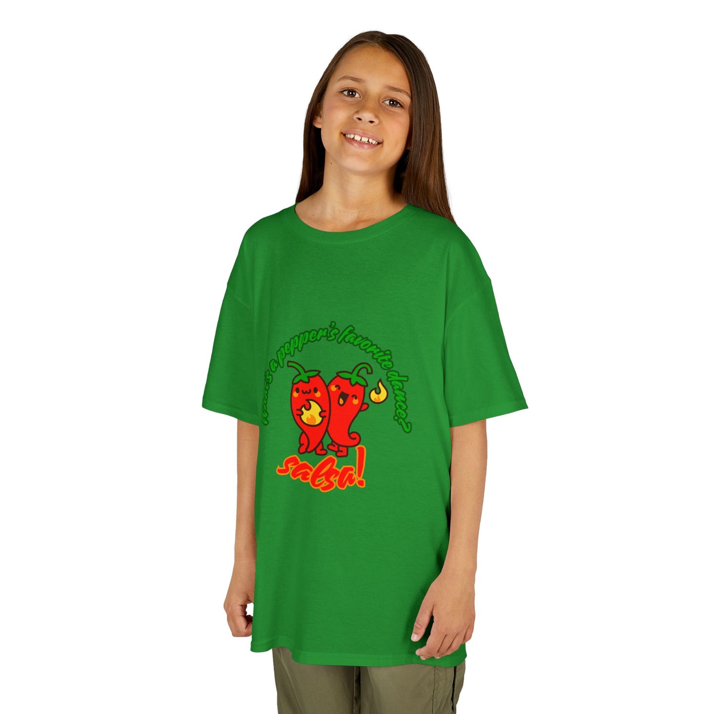 "What’s a Pepper’s Favorite Dance? Salsa!" Youth Short Sleeve Tee – Funny Dance Shirt with Cute Pepper Graphic for Kids