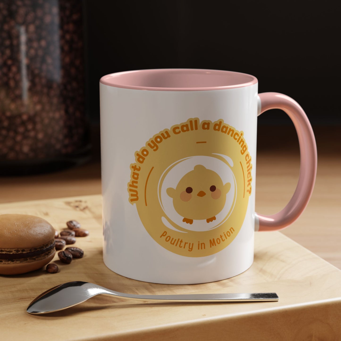 "What Do You Call a Dancing Chick? Poultry in Motion" Accent Coffee Mug – Funny Dance Pun Ceramic Mug for Dancers and Chick Enthusiasts