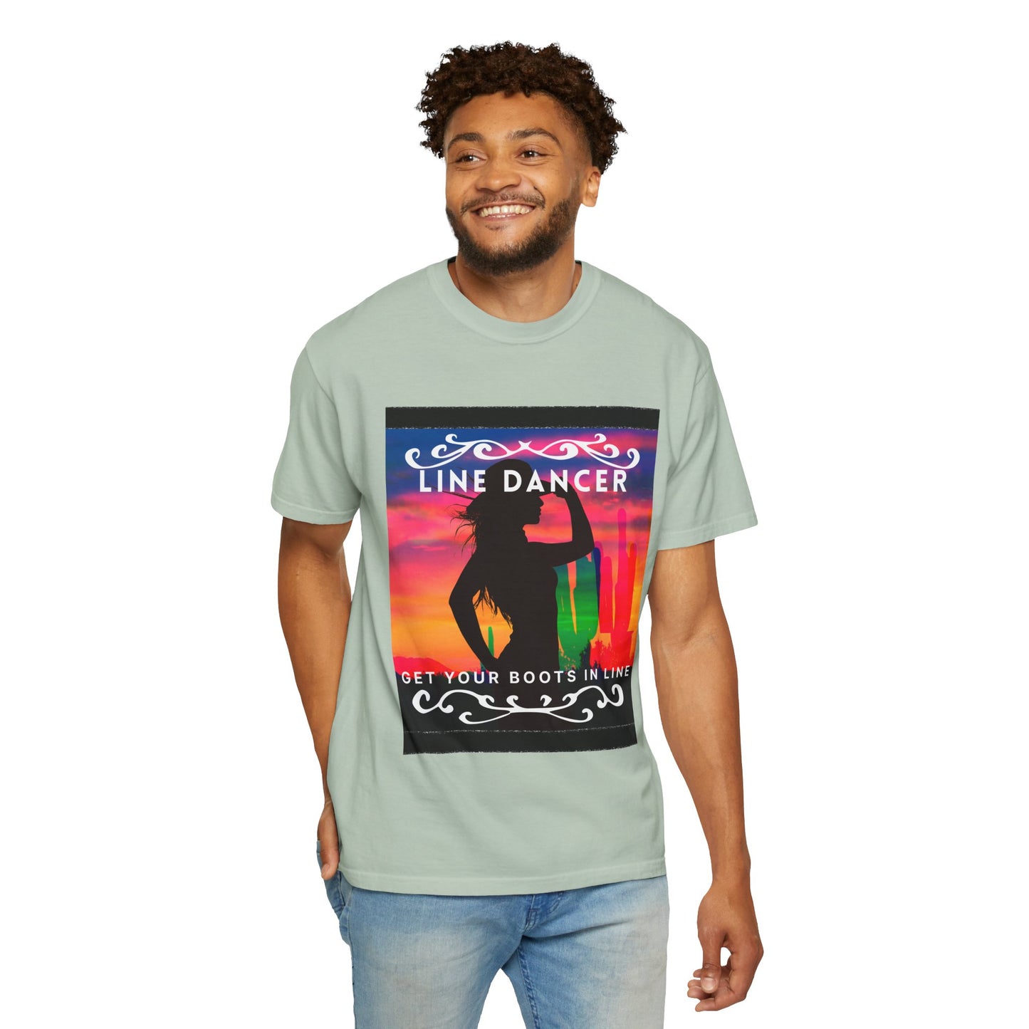 "Line Dancer" Unisex Garment-Dyed T-Shirt – Western Country Dance Graphic Tee – 'Get Your Boots in Line' Cowboy-Inspired Shirt