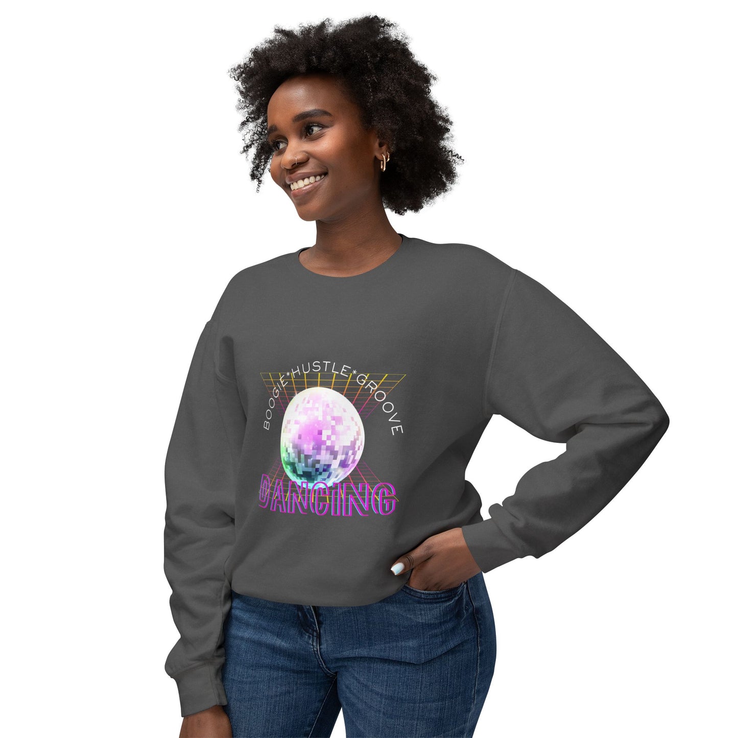 "Boogie, Hustle, Groove - Dancing" Streetwear Dance Graphic – Unisex Lightweight Crewneck Sweatshirt
