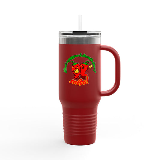 "What's a Pepper's Favorite Dance? Salsa." Funny Dance Quote 40oz Insulated Travel Mug – Bold Pepper Graphic Stainless Steel Tumbler
