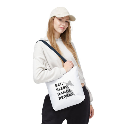 "Eat Sleep Dance Repeat" Canvas Tote Bag – Gray Dancer Silhouette Dance-Themed Reusable Shoulder Bag for Dancers, Studio, or Everyday Use