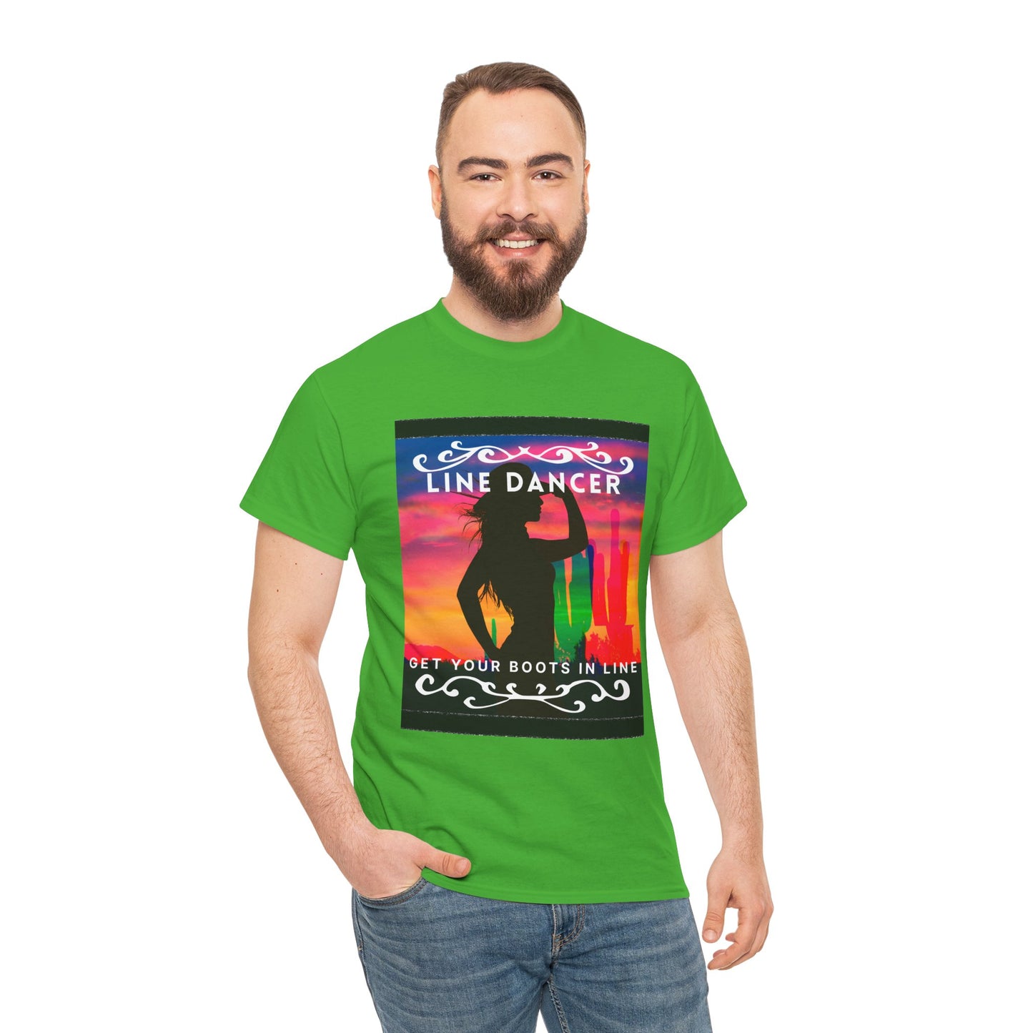 "Line Dancer" Unisex Heavy Cotton T-Shirt – Western Country Dance Graphic Tee – 'Get Your Boots in Line' Cowboy-Inspired Shirt