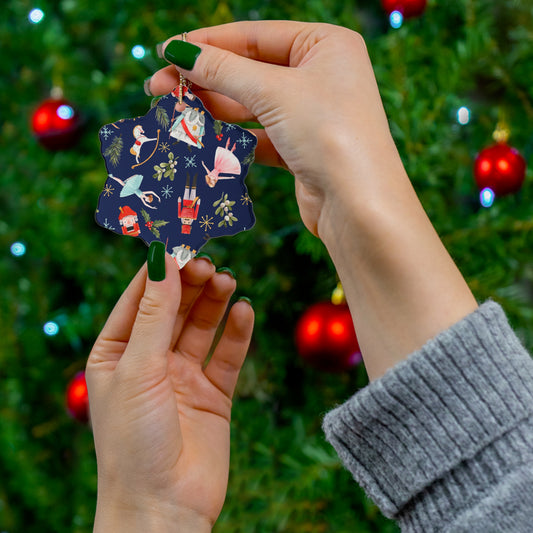 "Vintage Nutcracker Ballet" Ceramic Ornament – Dark Blue Christmas Tree Decoration with Classic Ballet Pattern (Holiday Ornament for Dancers & Nutcracker Fans)