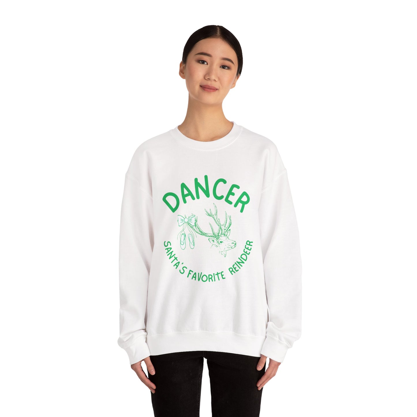 “Dancer, Santa’s Favorite Reindeer” ADULT SWEATSHIRT Unisex Heavy Blend Crewneck with Vintage Reindeer Graphic – Festive Christmas Dance Sweatshirt for Dancers & Holiday Events