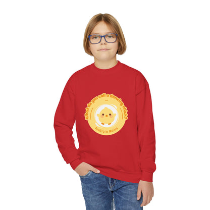"What do you call a dancing chick? Poultry in Motion." – Funny Dance Pun Youth Crewneck Sweatshirt | Cute Dancing Chicken Kids Pullover