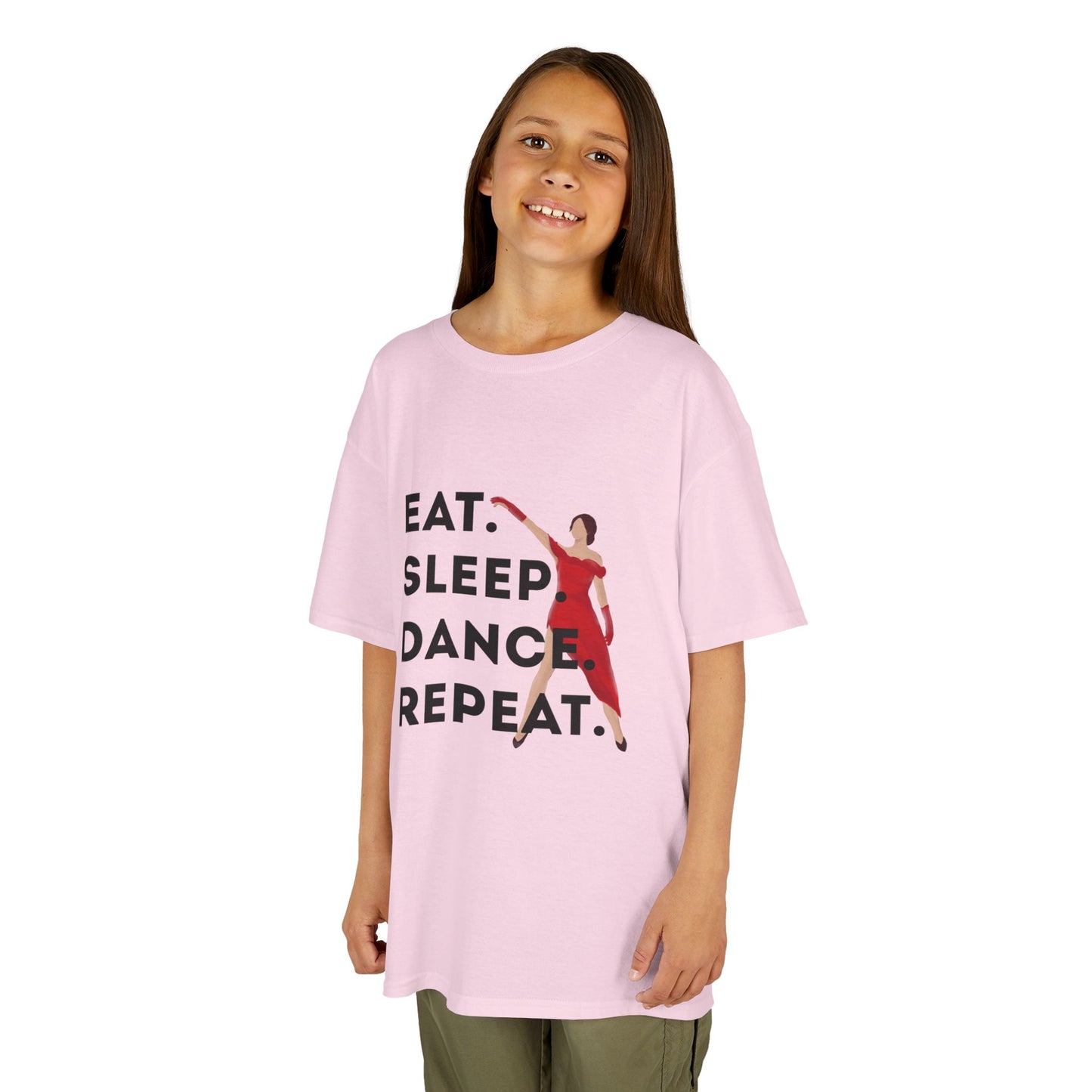 "Eat Sleep Dance Repeat” Youth Short Sleeve Tee – Bold Dancer Graphic Dance Shirt for Kids and Young Performers