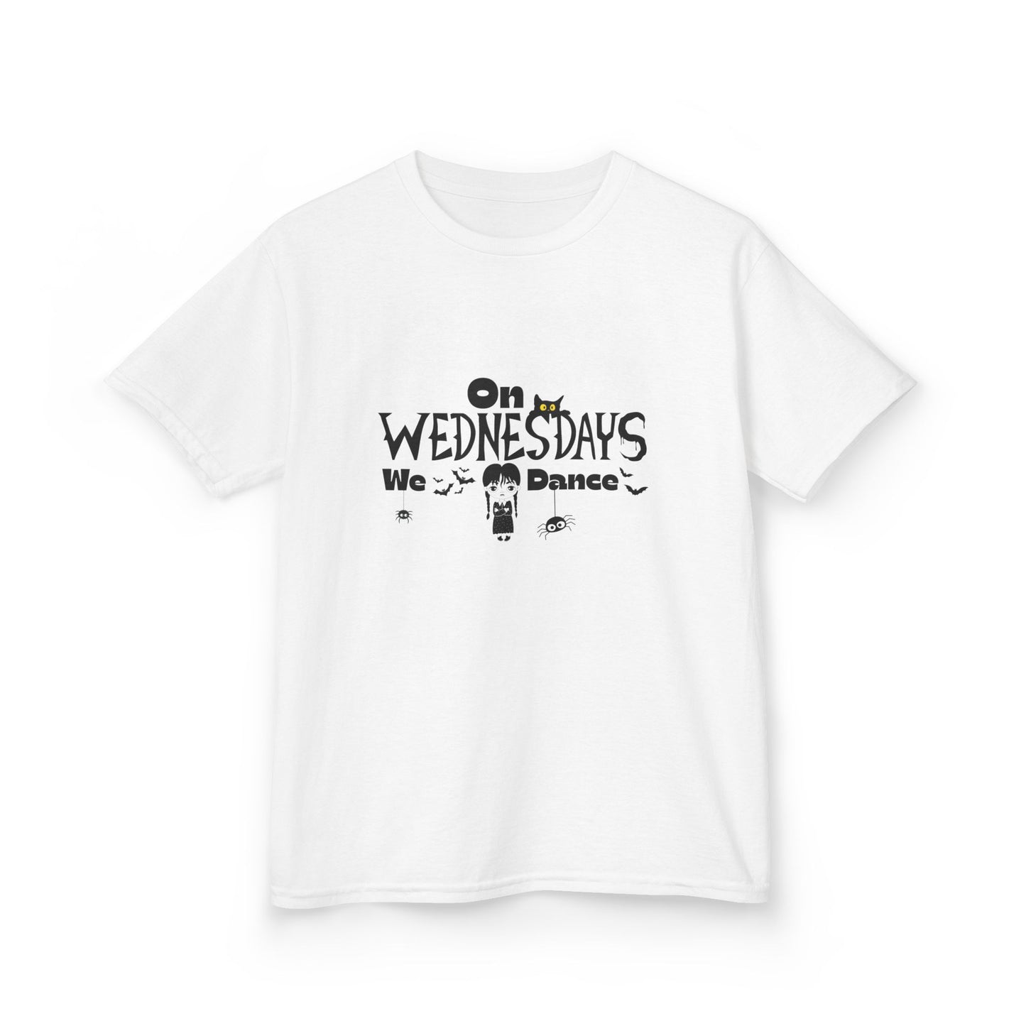 “On Wednesdays We Dance” Gothic Halloween T-Shirt with Cute Girl, Black Cat, Spiders & Bats - Kids Heavy Cotton™ Tee