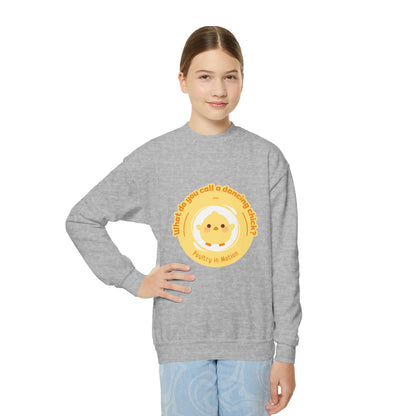 "What do you call a dancing chick? Poultry in Motion." – Funny Dance Pun Youth Crewneck Sweatshirt | Cute Dancing Chicken Kids Pullover