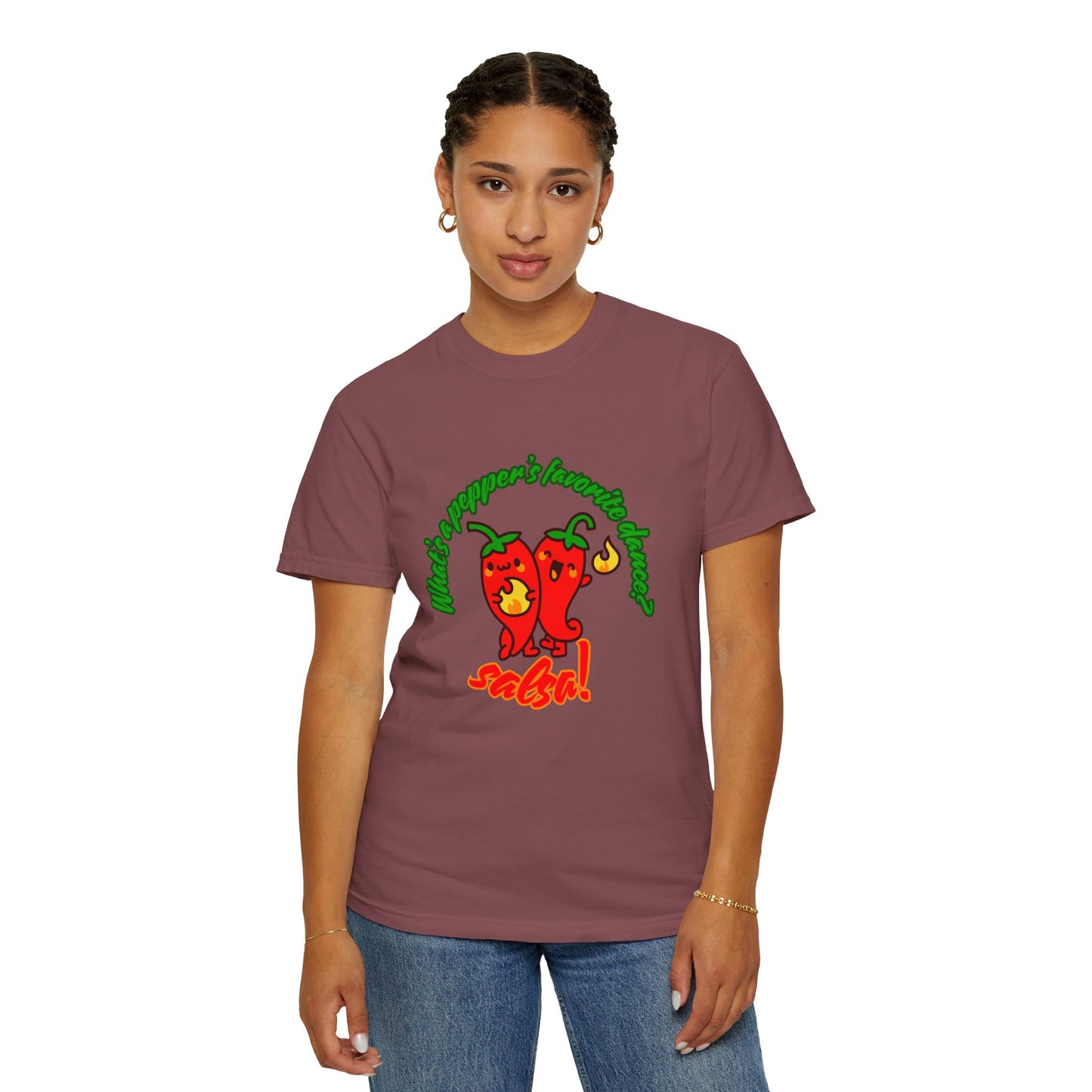 "What's a Pepper's Favorite Dance? Salsa!" Dance Pun Unisex Garment-Dyed T-Shirt – Funny Dance Joke Tee with Cute Pepper Graphic – Dance Humor Shirt for Food & Pun Lovers