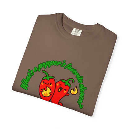 "What's a Pepper's Favorite Dance? Salsa!" Dance Pun Unisex Garment-Dyed T-Shirt – Funny Dance Joke Tee with Cute Pepper Graphic – Dance Humor Shirt for Food & Pun Lovers