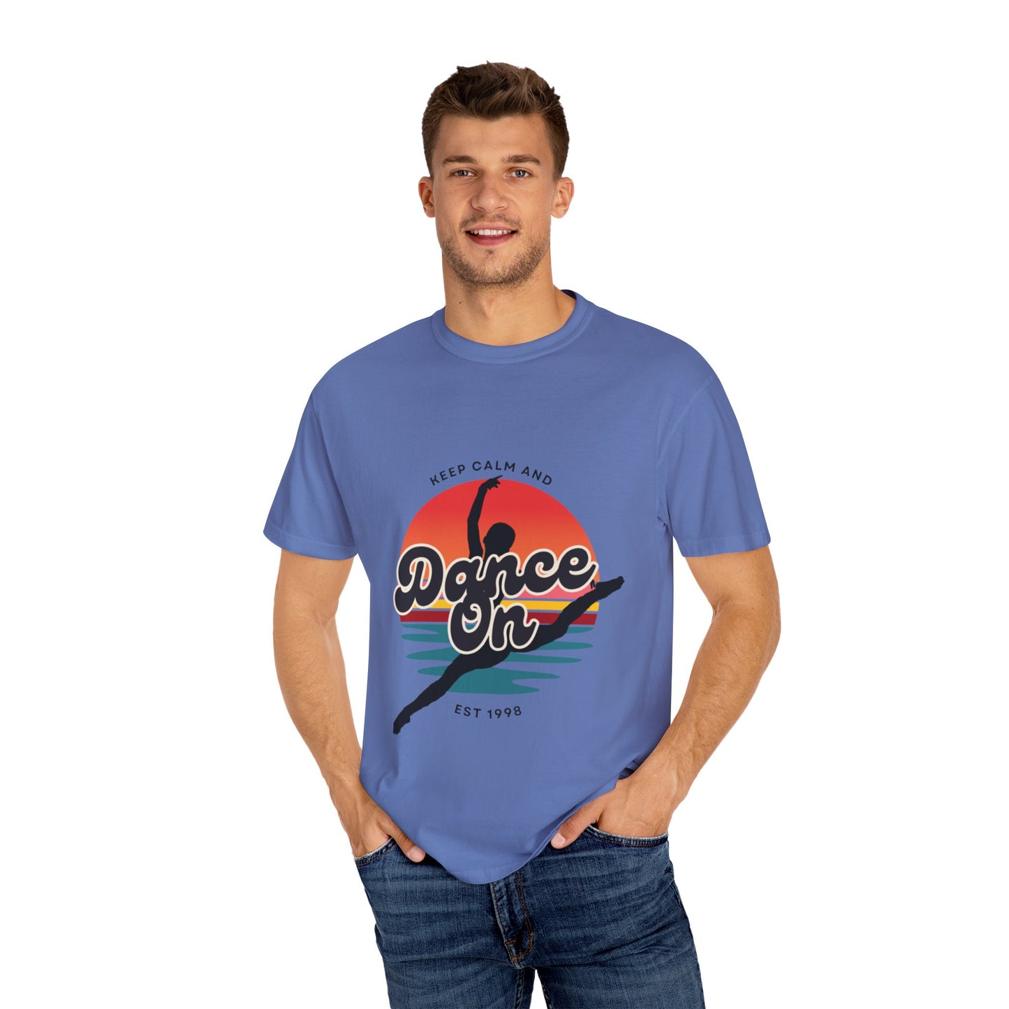 "Keep Calm and Dance On" Unisex Garment-Dyed T-Shirt – Retro Dance Graphic Tee – Vintage-Inspired Comfort Shirt for Dancers
