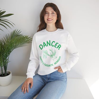 “Dancer, Santa’s Favorite Reindeer” ADULT SWEATSHIRT Unisex Heavy Blend Crewneck with Vintage Reindeer Graphic – Festive Christmas Dance Sweatshirt for Dancers & Holiday Events