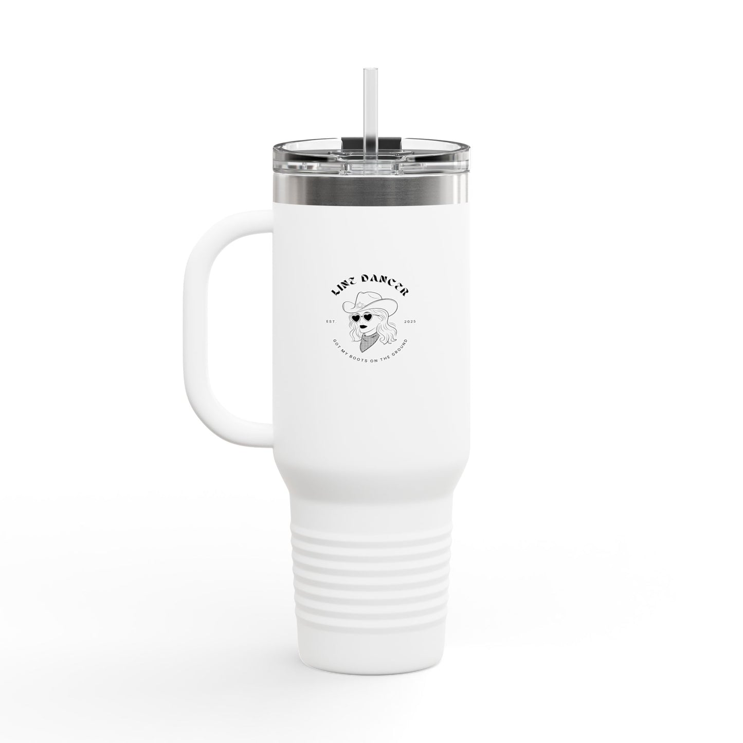 "Line Dancer, Get Your Boots In Line" 40oz Insulated Travel Mug – Cowgirl Dance-Themed Tumbler for Country Western Lovers