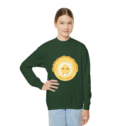 "What do you call a dancing chick? Poultry in Motion." – Funny Dance Pun Youth Crewneck Sweatshirt | Cute Dancing Chicken Kids Pullover