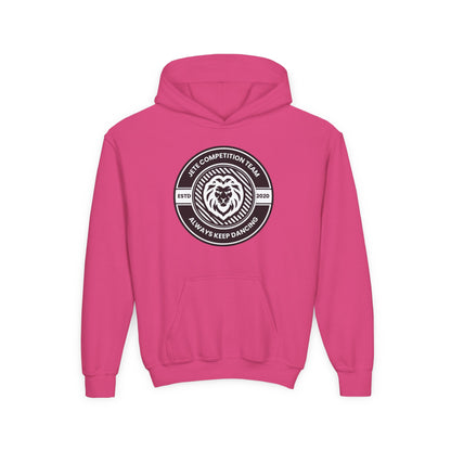 "Jeté Competition Team - Always Keep Dancing" Youth Hooded Sweatshirt – Bold Collegiate Emblem Dance Graphic Hoodie for Kids and Teens
