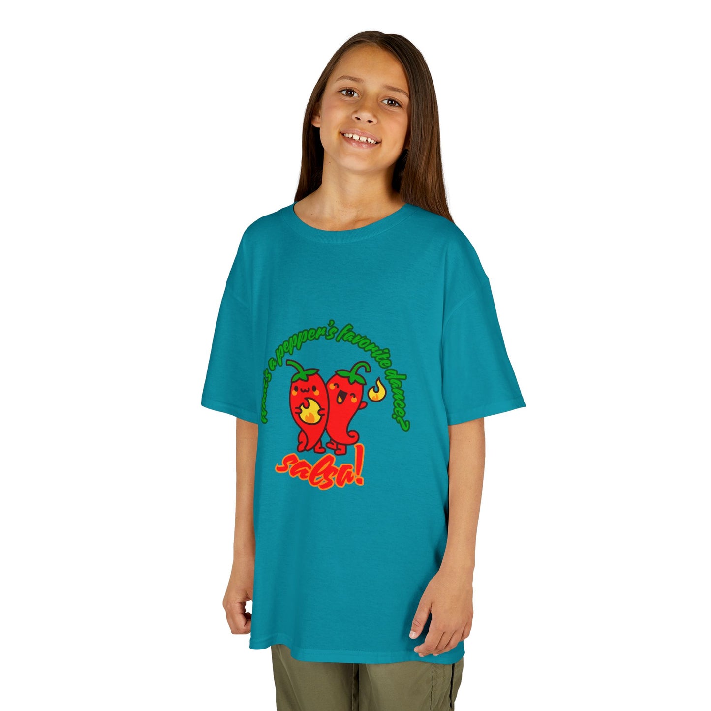 "What’s a Pepper’s Favorite Dance? Salsa!" Youth Short Sleeve Tee – Funny Dance Shirt with Cute Pepper Graphic for Kids