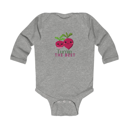 "Turnip the Beet" Infant Long Sleeve Bodysuit – Cute Veggie Dance Pun Graphic Baby Outfit for Jeté Dance Fans