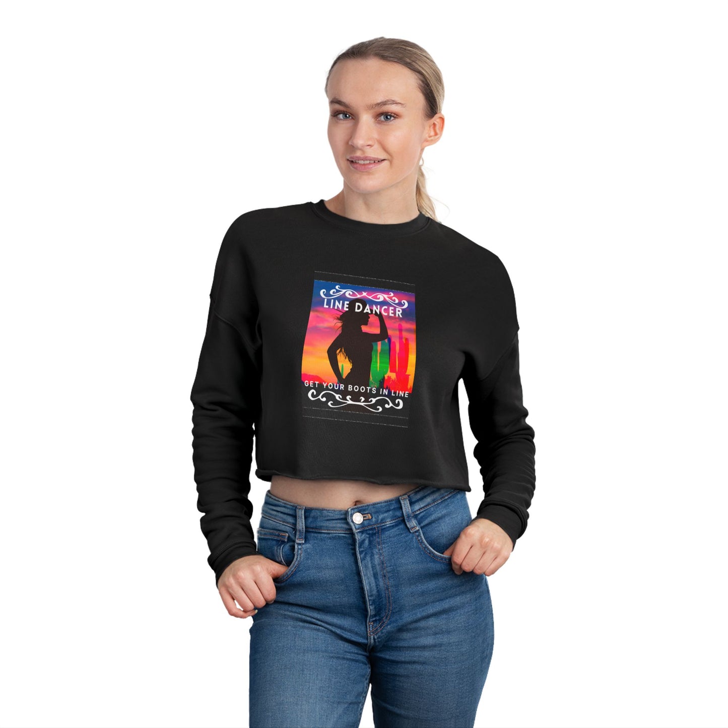 "Line Dancer, Get Your Boots in Line" Western-Inspired Graphic – Women’s Cropped Fleece Sweatshirt