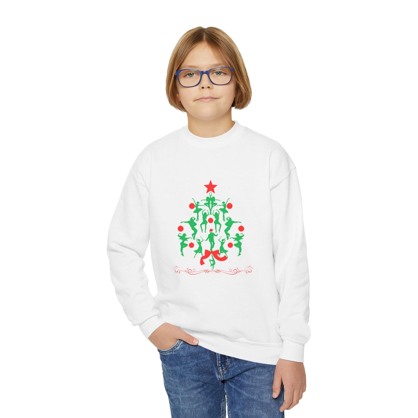 "Christmas Tree Dancer Silhouette" YOUTH SWEATSHIRT  Crewneck – Festive Ballet & Dance Holiday Sweatshirt for Dancers, Teachers, and Studios