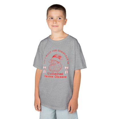 “All I Want for Christmas Is Unlimited Dance Classes” YOUTH TEE Short Sleeve with Vintage Santa – Festive Holiday Dance Tee for Dancers & Studios